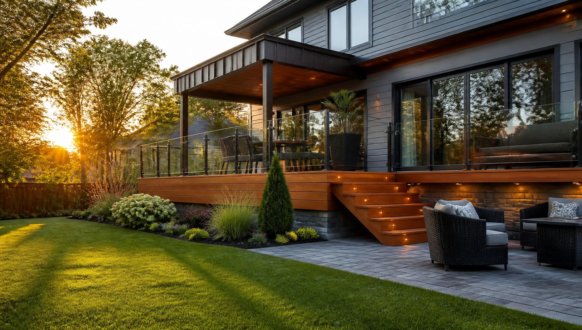 Newly built cedar deck and paver patio beside a green Edmonton lawn